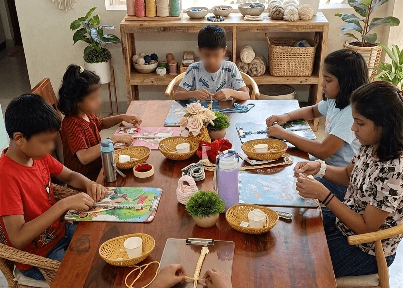 Kids learning macramé together